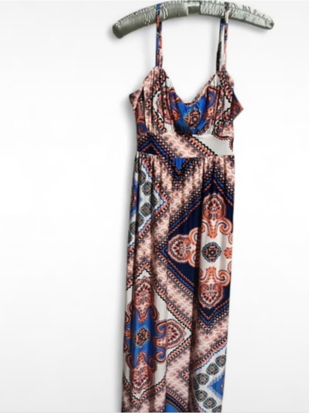 ELLE MAXI DRESS BLUE CORAL PATTERN SIZE MED ADJUSTABLE SPAGHETTI STRAP